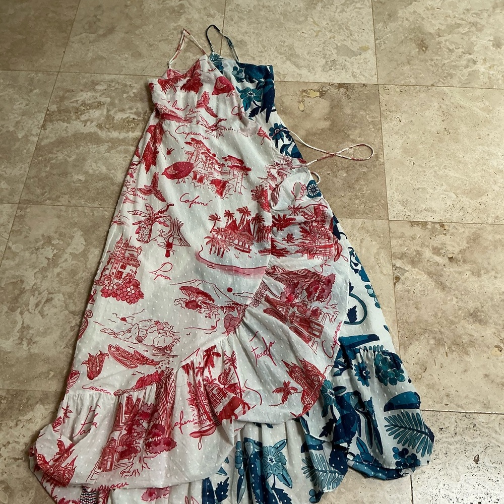 FARM Rio Red and Blue Tropical Print Dress